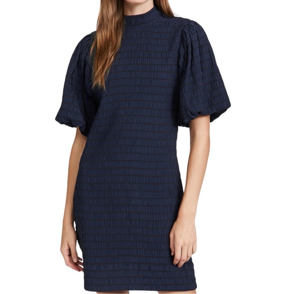 NWT Scotch & Soda Textured Smocked Navy Mini Dress With Voluminous Puff Sleeves - Picture 2 of 15